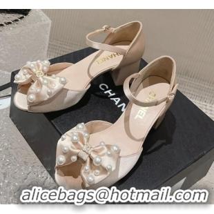 Super Quality Chanel Silk Heel Sandals with Pearls Bow Nude 819063