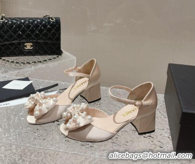 Super Quality Chanel Silk Heel Sandals with Pearls Bow Nude 819063