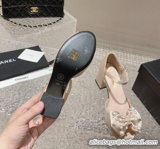 Super Quality Chanel Silk Heel Sandals with Pearls Bow Nude 819063