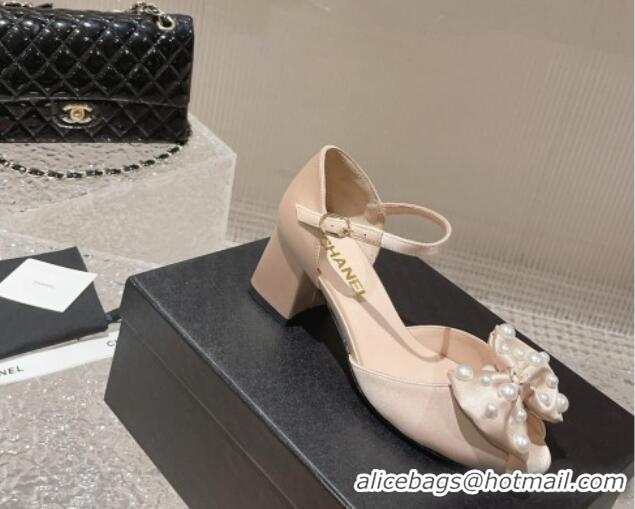 Super Quality Chanel Silk Heel Sandals with Pearls Bow Nude 819063