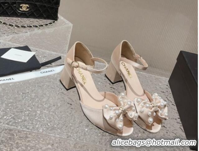 Super Quality Chanel Silk Heel Sandals with Pearls Bow Nude 819063