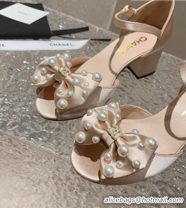 Super Quality Chanel Silk Heel Sandals with Pearls Bow Nude 819063