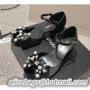 Most Popular Chanel Silk Heel Sandals with Pearls Bow Black 819064