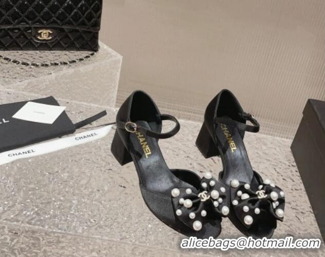 Most Popular Chanel Silk Heel Sandals with Pearls Bow Black 819064