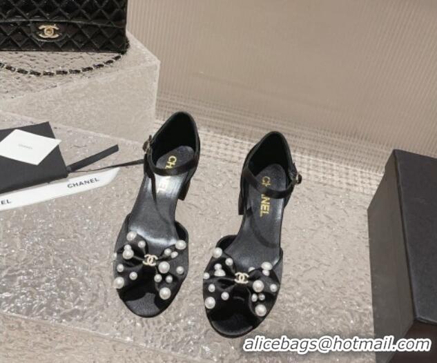 Most Popular Chanel Silk Heel Sandals with Pearls Bow Black 819064