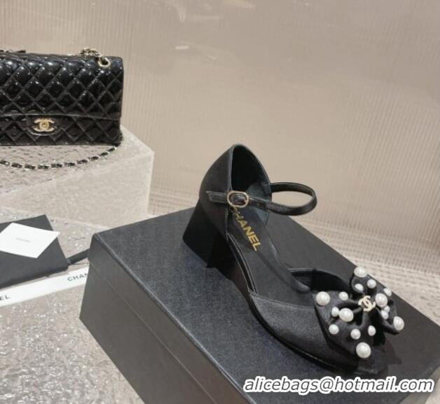 Most Popular Chanel Silk Heel Sandals with Pearls Bow Black 819064