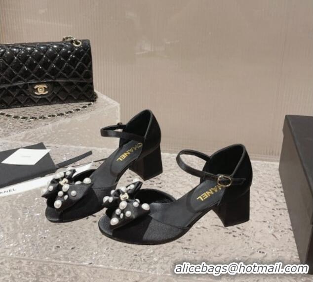 Most Popular Chanel Silk Heel Sandals with Pearls Bow Black 819064