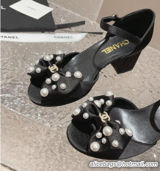 Most Popular Chanel Silk Heel Sandals with Pearls Bow Black 819064