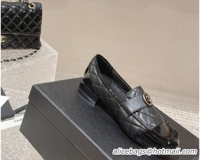 Good Quality Chanel Patent Calfskin & Quilted Lambskin Loafers Black 819066