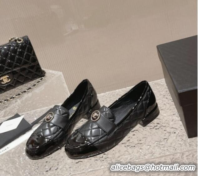 Good Quality Chanel Patent Calfskin & Quilted Lambskin Loafers Black 819066