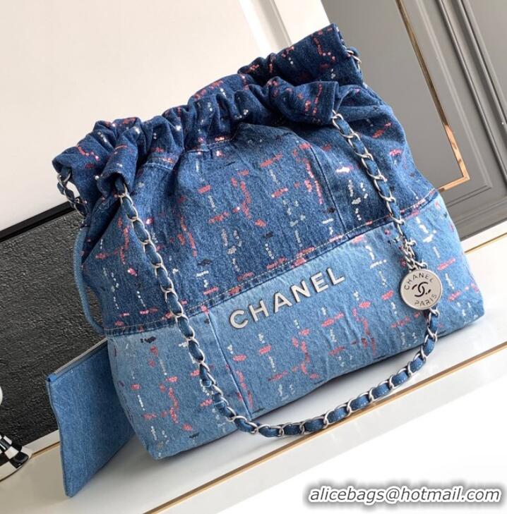 Good Product CHANEL 22 Shopping Bag Denim & Silver-Tone Metal AS3260 Blue