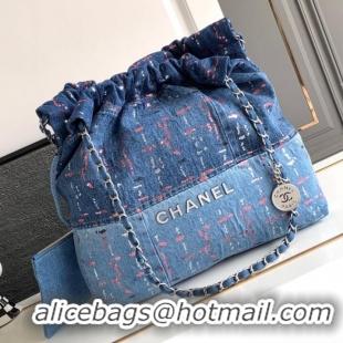 Famous Brand CHANEL 22 Shopping Bag Denim & Silver-Tone Metal AS3261 Blue