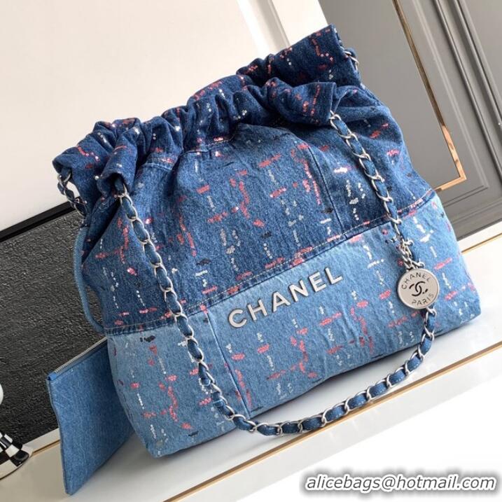 Famous Brand CHANEL 22 Shopping Bag Denim & Silver-Tone Metal AS3261 Blue