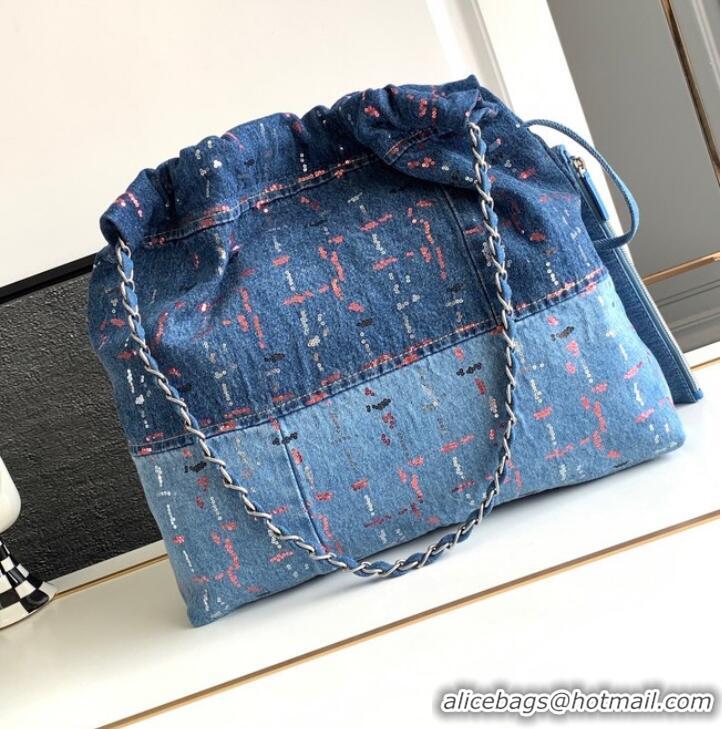 Famous Brand CHANEL 22 Shopping Bag Denim & Silver-Tone Metal AS3261 Blue