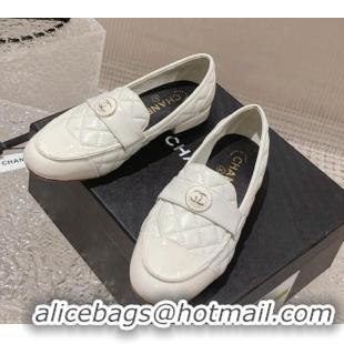 Stylish Chanel Patent Calfskin & Quilted Lambskin Loafers White 819067