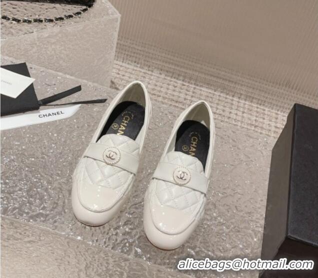 Stylish Chanel Patent Calfskin & Quilted Lambskin Loafers White 819067