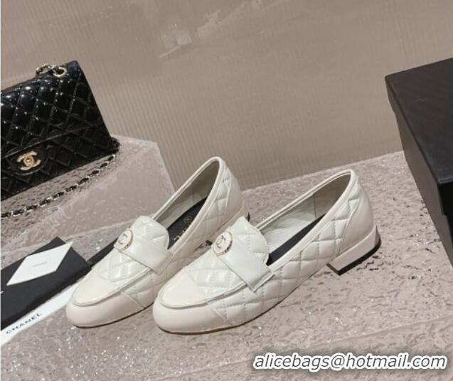 Stylish Chanel Patent Calfskin & Quilted Lambskin Loafers White 819067