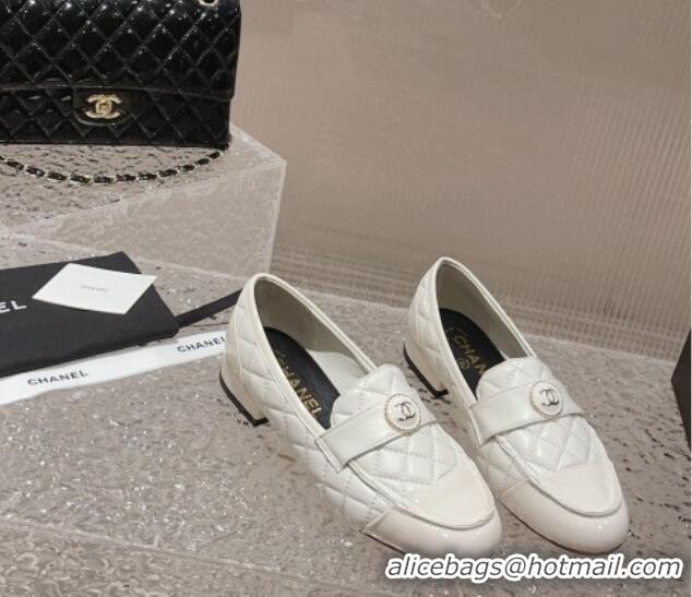 Stylish Chanel Patent Calfskin & Quilted Lambskin Loafers White 819067