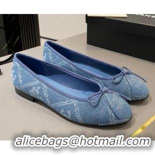 Good Quality Chanel Printed Denim Ballet Flat with Bow Blue 819070