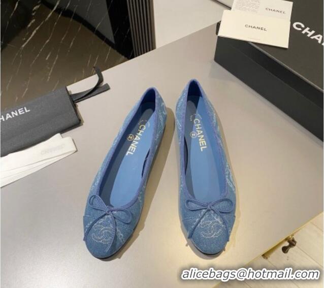 Good Quality Chanel Printed Denim Ballet Flat with Bow Blue 819070