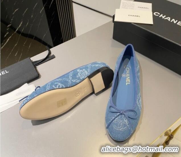 Good Quality Chanel Printed Denim Ballet Flat with Bow Blue 819070