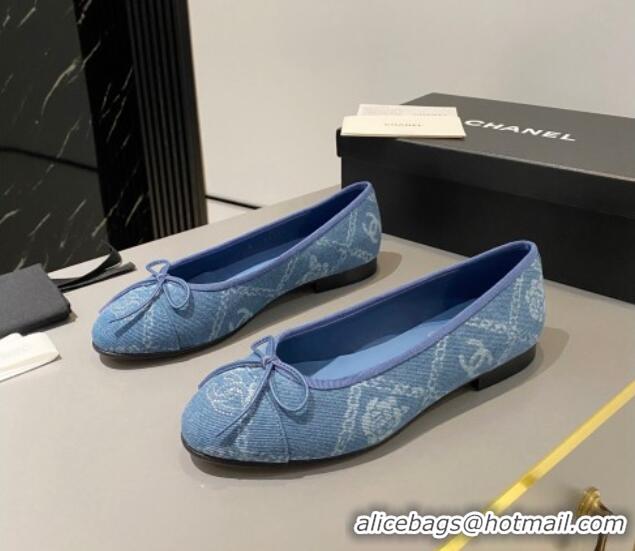 Good Quality Chanel Printed Denim Ballet Flat with Bow Blue 819070