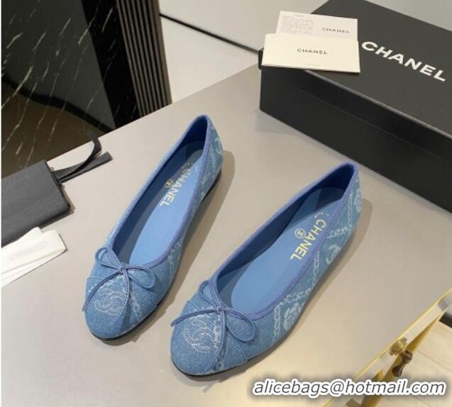 Good Quality Chanel Printed Denim Ballet Flat with Bow Blue 819070