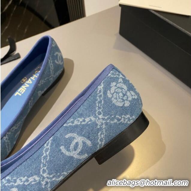 Good Quality Chanel Printed Denim Ballet Flat with Bow Blue 819070