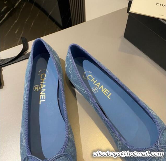 Good Quality Chanel Printed Denim Ballet Flat with Bow Blue 819070