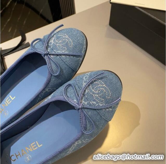 Good Quality Chanel Printed Denim Ballet Flat with Bow Blue 819070