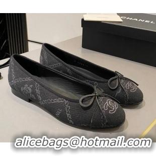 Comfortable Chanel Printed Denim Ballet Flat with Bow Black 819071