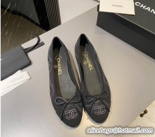 Comfortable Chanel Printed Denim Ballet Flat with Bow Black 819071