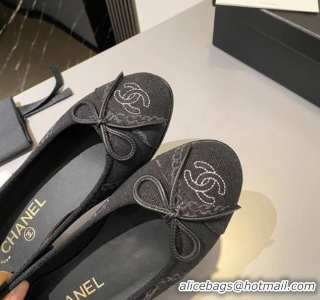 Comfortable Chanel Printed Denim Ballet Flat with Bow Black 819071