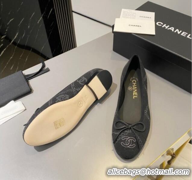 Comfortable Chanel Printed Denim Ballet Flat with Bow Black 819071