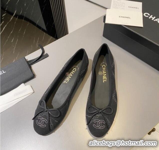 Comfortable Chanel Printed Denim Ballet Flat with Bow Black 819071