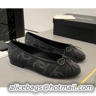 Luxurious Chanel CC Denim Ballet Flat with Bow Black 819072