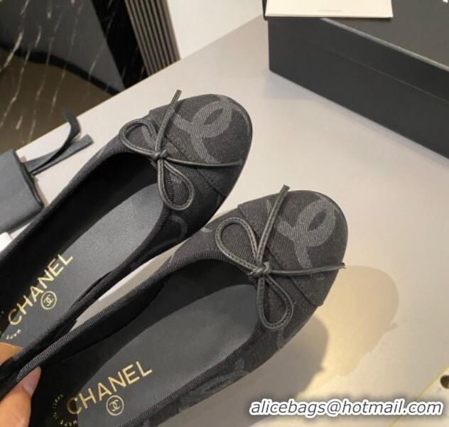 Luxurious Chanel CC Denim Ballet Flat with Bow Black 819072