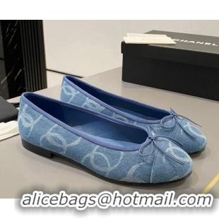 Good Looking Chanel CC Denim Ballet Flat with Bow Blue 819073