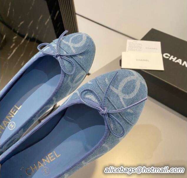 Good Looking Chanel CC Denim Ballet Flat with Bow Blue 819073