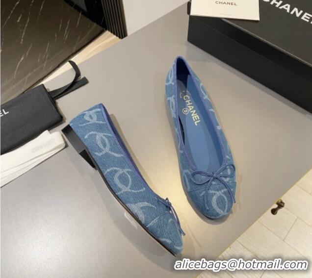 Good Looking Chanel CC Denim Ballet Flat with Bow Blue 819073