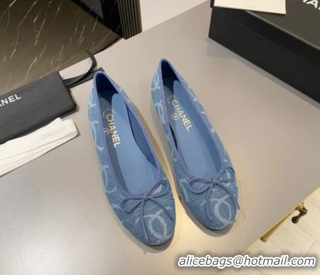 Good Looking Chanel CC Denim Ballet Flat with Bow Blue 819073