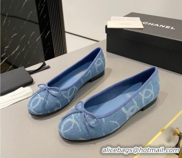 Good Looking Chanel CC Denim Ballet Flat with Bow Blue 819073