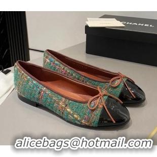 Unique Style Chanel Tweed & Patent Calfskin Ballet Flat with Bow Green 819074