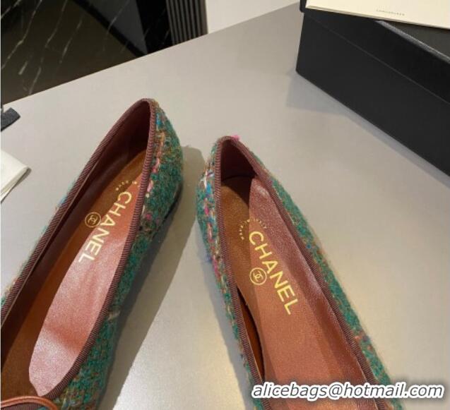 Unique Style Chanel Tweed & Patent Calfskin Ballet Flat with Bow Green 819074