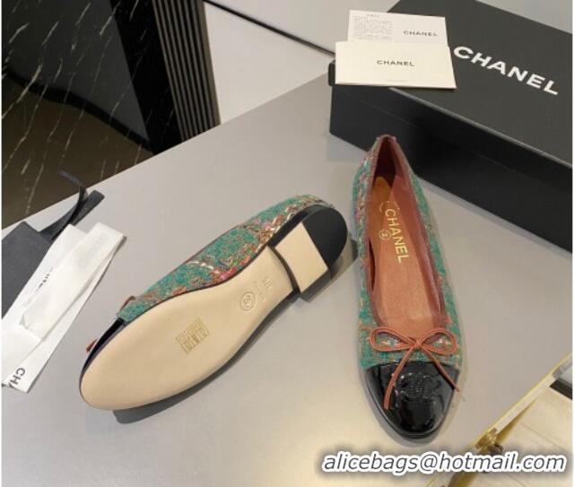 Unique Style Chanel Tweed & Patent Calfskin Ballet Flat with Bow Green 819074