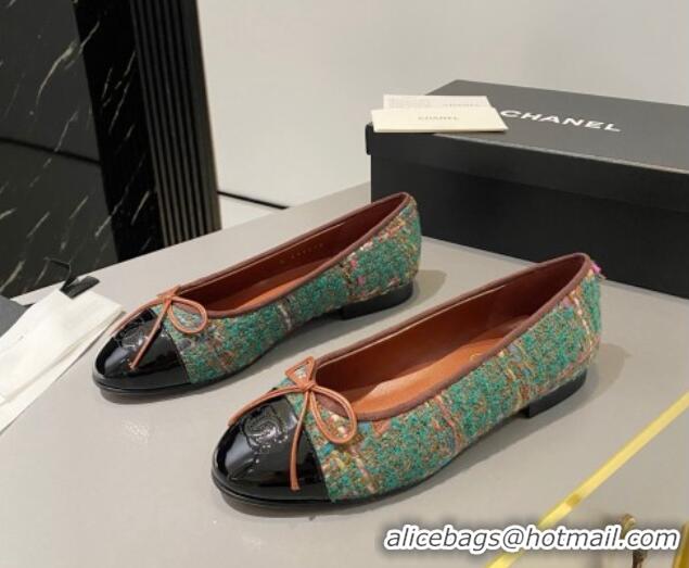 Unique Style Chanel Tweed & Patent Calfskin Ballet Flat with Bow Green 819074