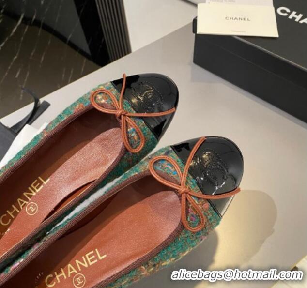 Unique Style Chanel Tweed & Patent Calfskin Ballet Flat with Bow Green 819074