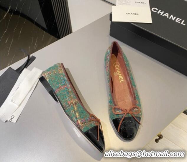 Unique Style Chanel Tweed & Patent Calfskin Ballet Flat with Bow Green 819074