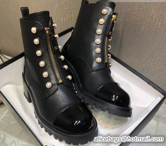 Best Grade Chanel Calfskin Ankle Boots with Pearls and Zip Black 819075