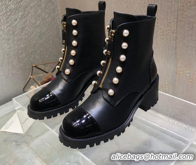 Best Grade Chanel Calfskin Ankle Boots with Pearls and Zip Black 819075